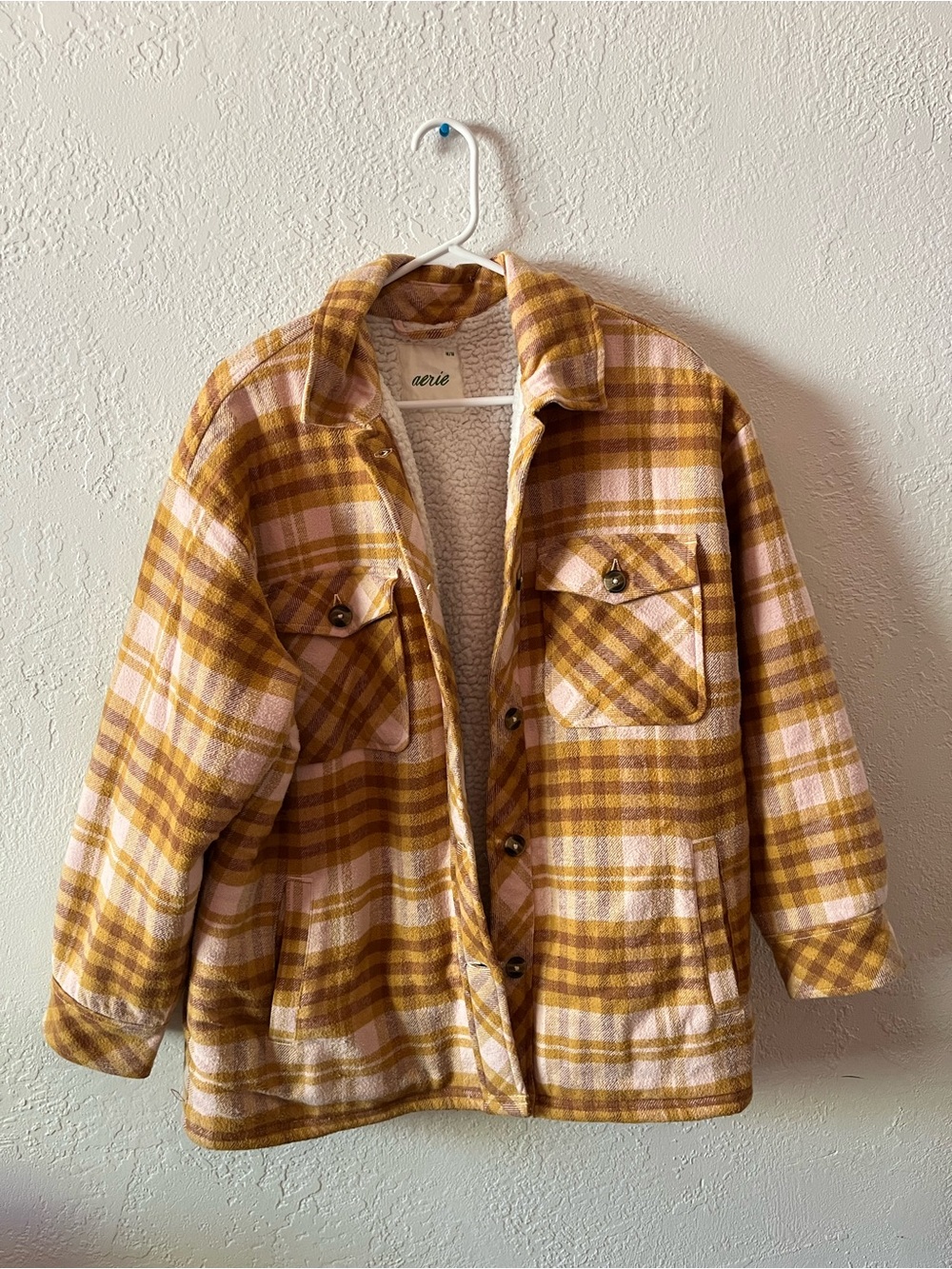 aerie Mustard & Pink Plaid Sherpa-Lined Shacket